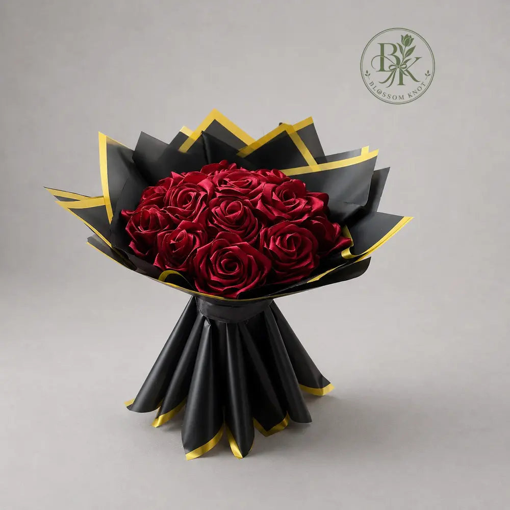 Crimson Noir – 14 Rose Ribbon Bouquet