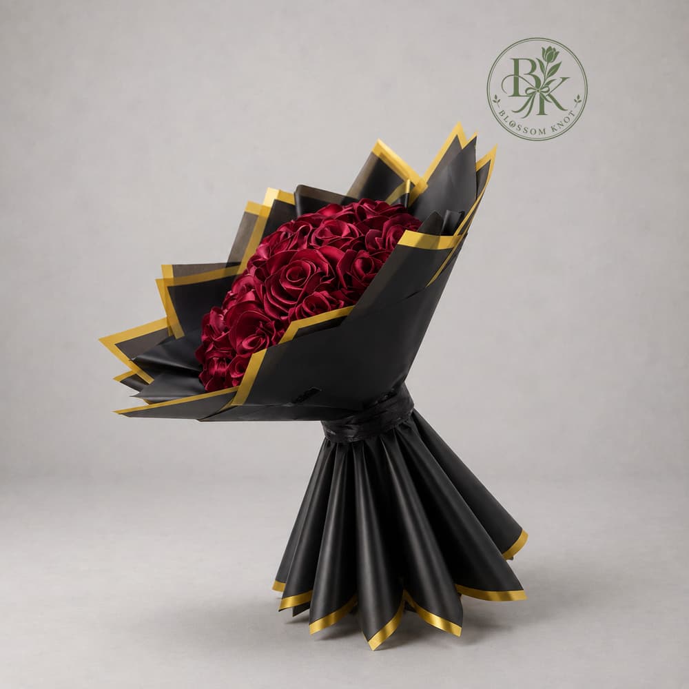 Crimson Noir – 14 Rose Ribbon Bouquet