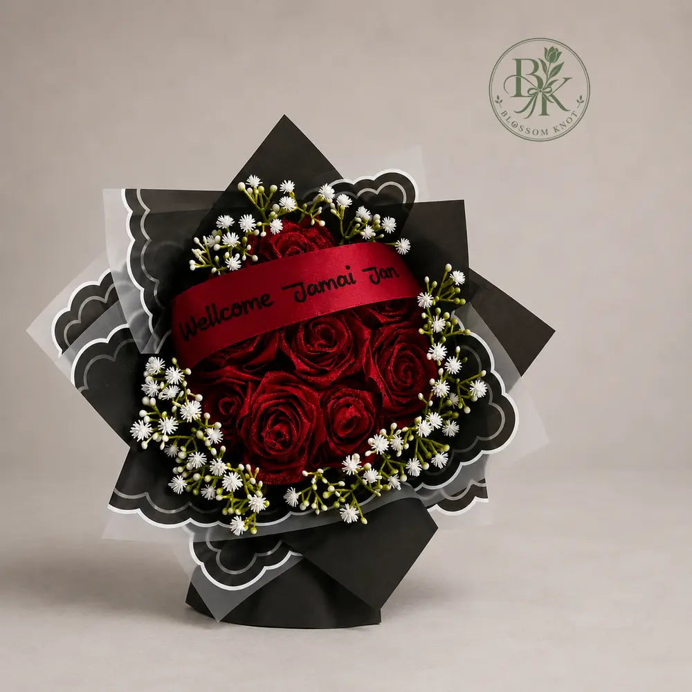 Crimson Noir – Handmade Ribbon Rose Bouquet