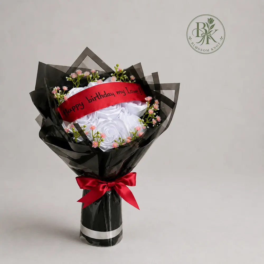 Elegant White – Ribbon Rose Bouquet