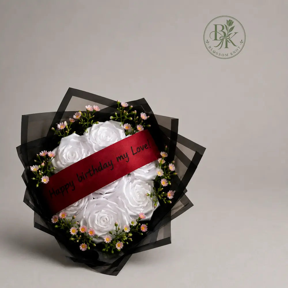 Elegant White – Ribbon Rose Bouquet