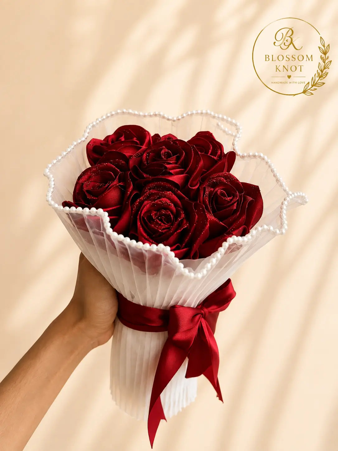 Pearl Elegance Handmade 6 Ribbon Rose Bouquet | Luxury White Wrap | Blossom Knot