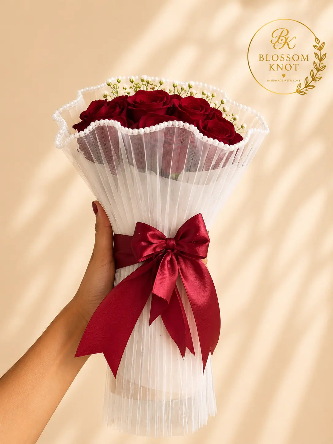 Pearl Elegance Handmade 6 Ribbon Rose Bouquet | Luxury White Wrap | Blossom Knot