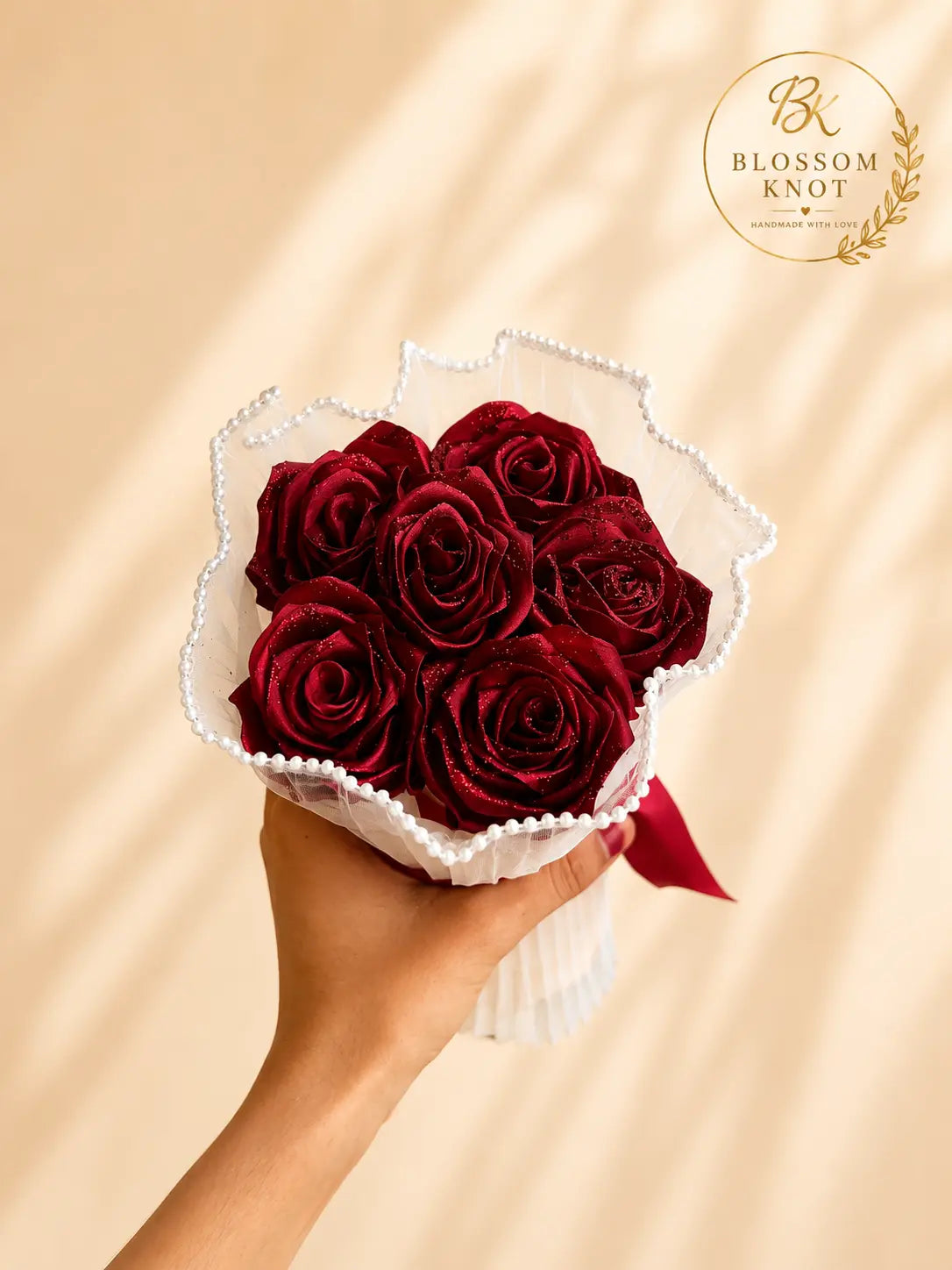 Pearl Elegance Handmade 6 Ribbon Rose Bouquet | Luxury White Wrap | Blossom Knot
