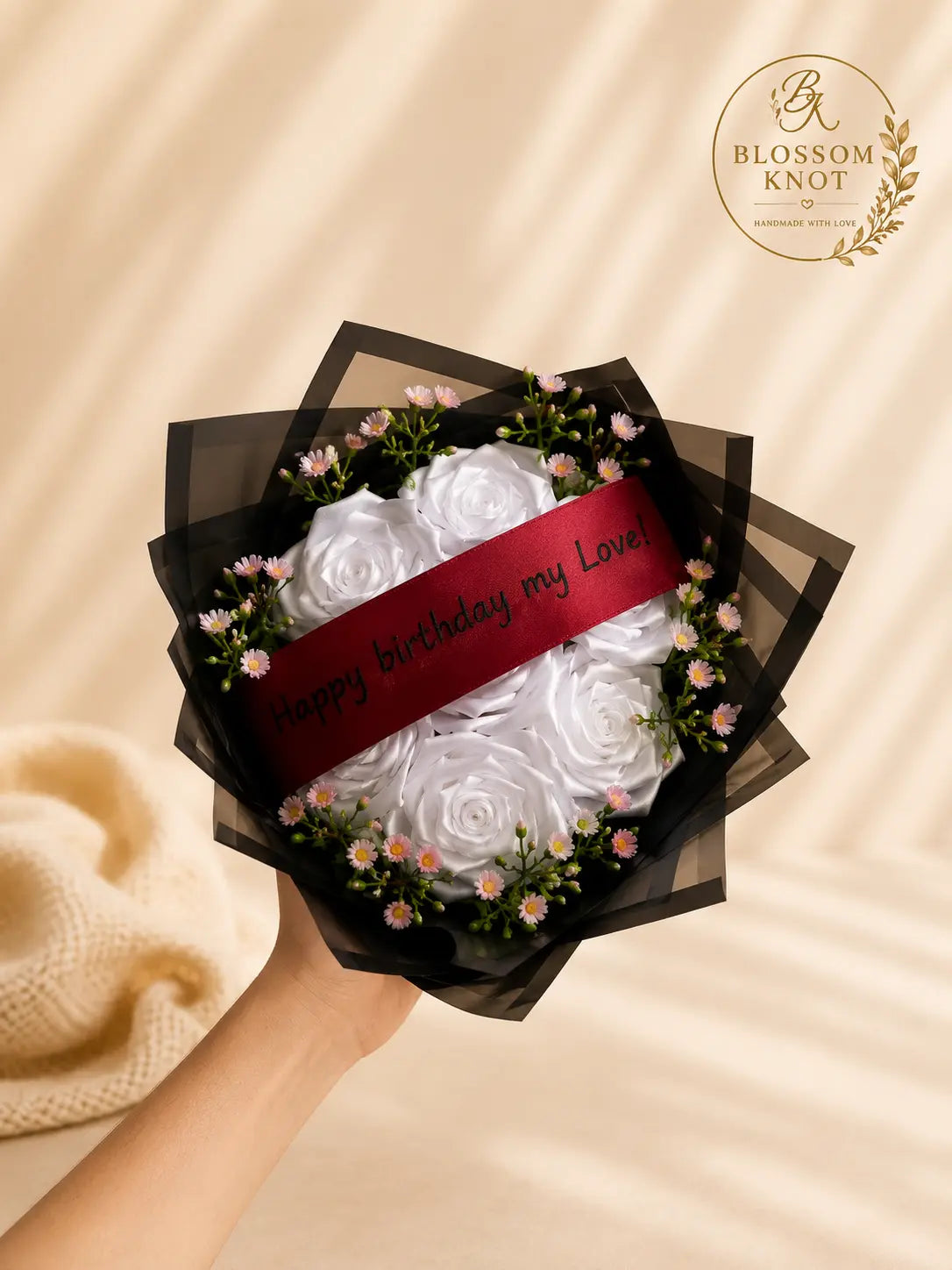 Elegant White Ribbon Rose Bouquet | Black Luxury Wrapping | Handmade by Blossom Knot
