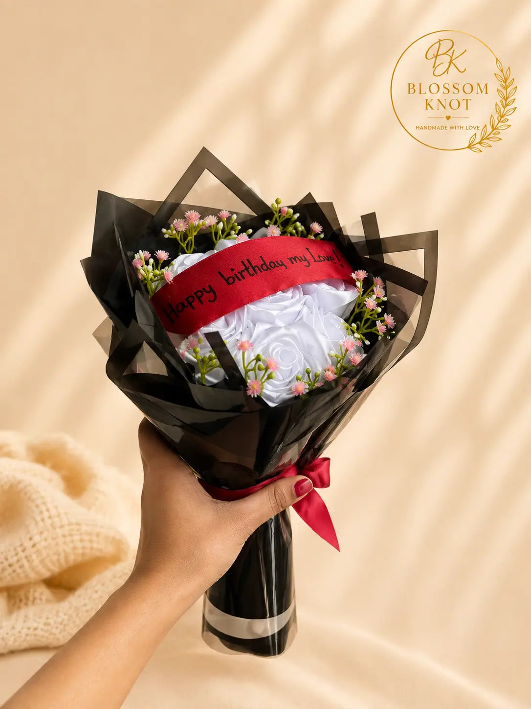 Elegant White Ribbon Rose Bouquet | Black Luxury Wrapping | Handmade by Blossom Knot