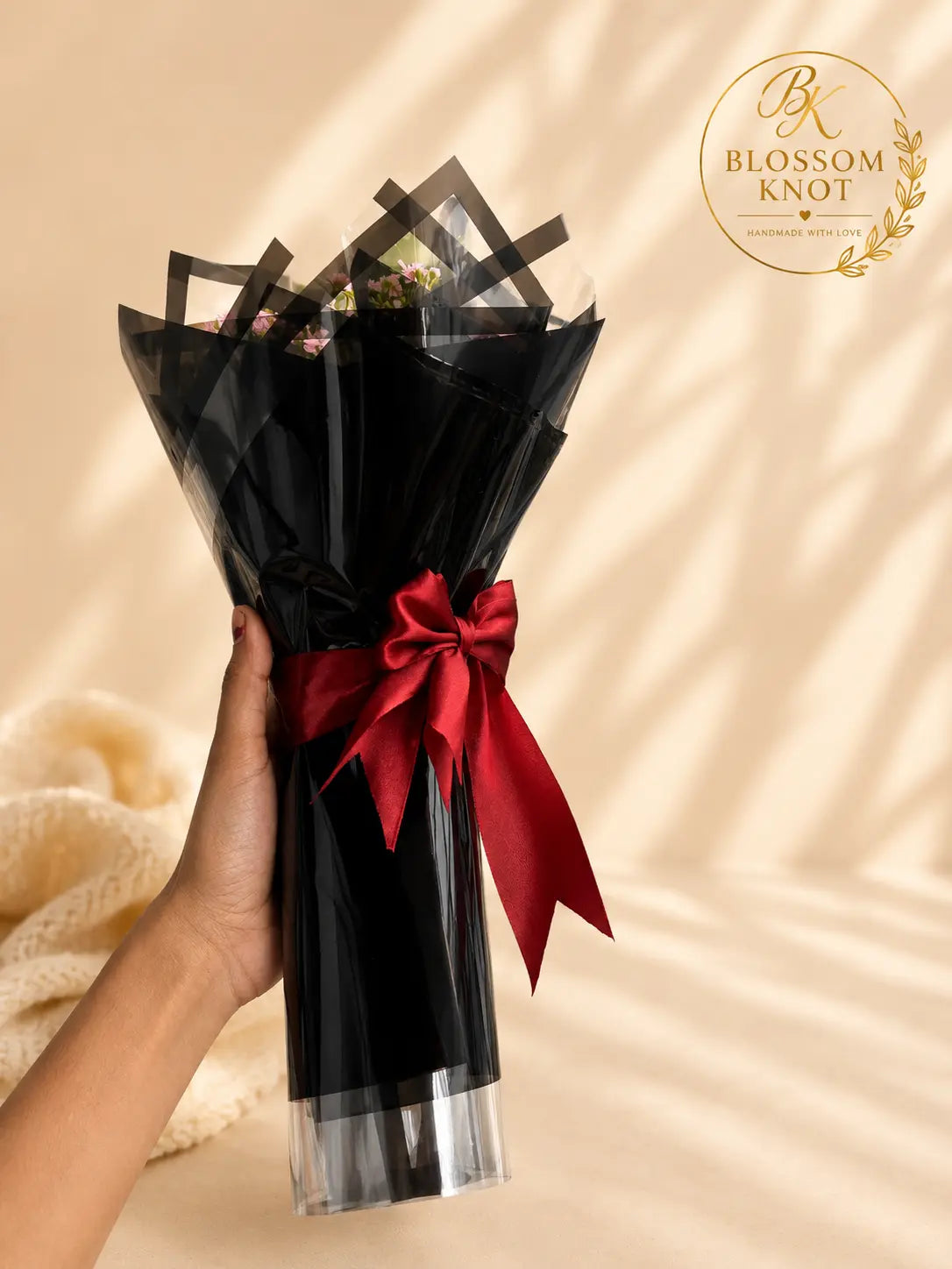 Elegant White Ribbon Rose Bouquet | Black Luxury Wrapping | Handmade by Blossom Knot