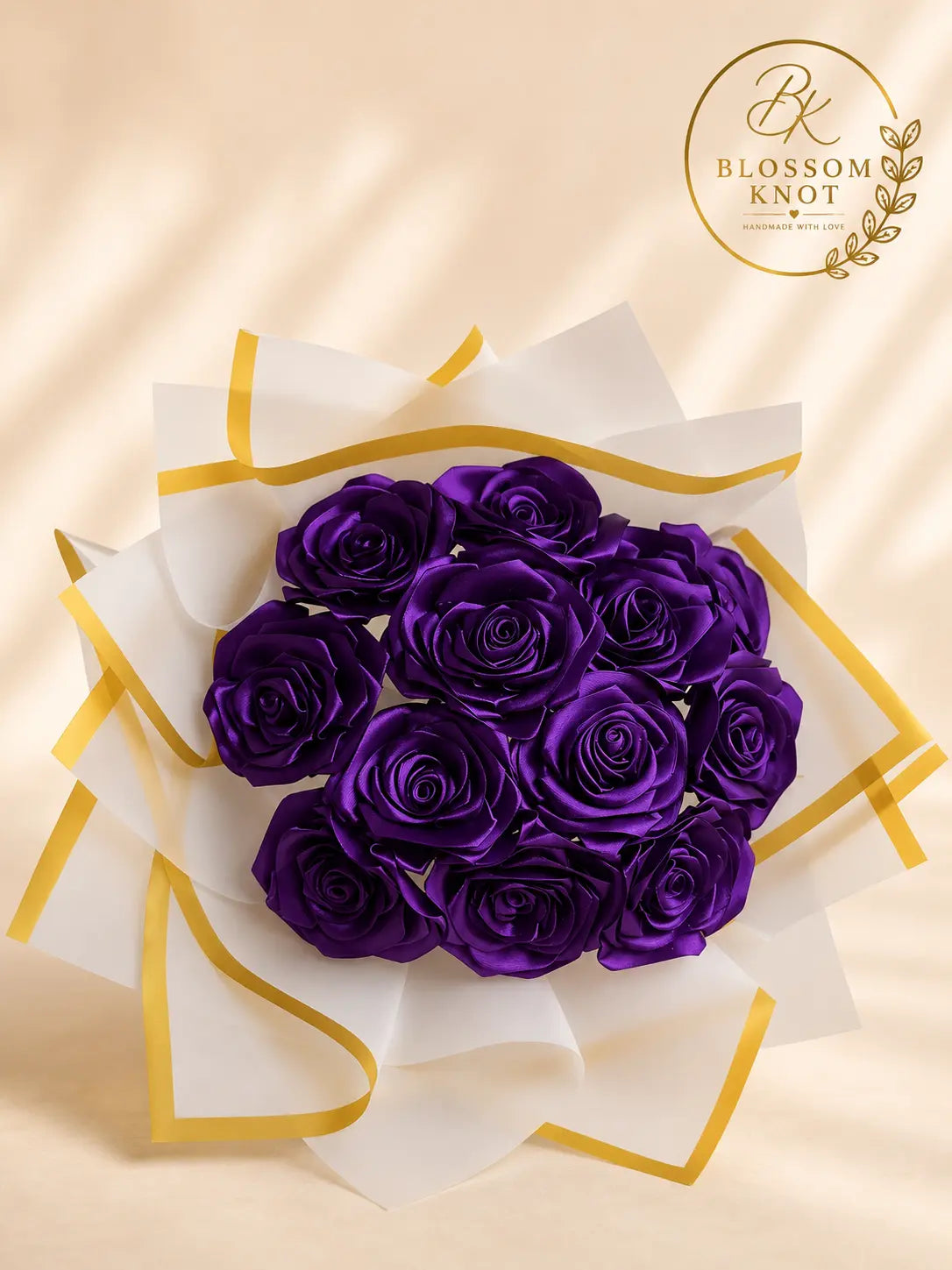 Royal Purple Handmade 11 Ribbon Rose Bouquet | White & Gold Luxury Wrap | Blossom Knot