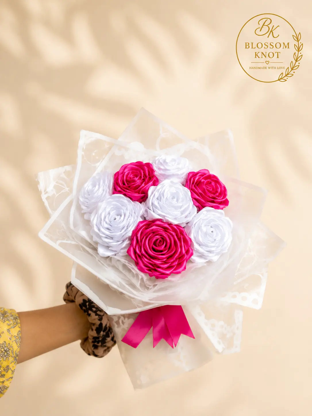Sweet Harmony Handmade Pink & White Ribbon Rose Bouquet | 8 Roses | Blossom Knot