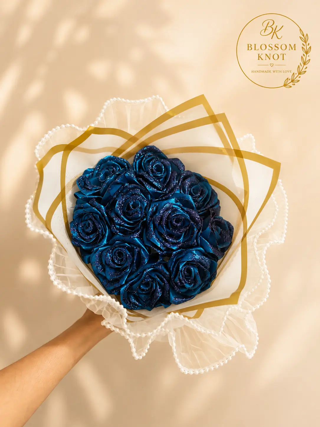 Midnight Blue Handmade 11 Ribbon Rose Bouquet | Pearl Luxury Wrap | Blossom Knot