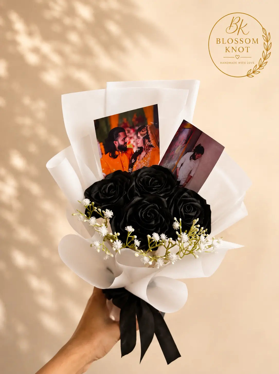 Personalized Photo Handmade Black Ribbon Rose Bouquet | 4 Roses | Blossom Knot