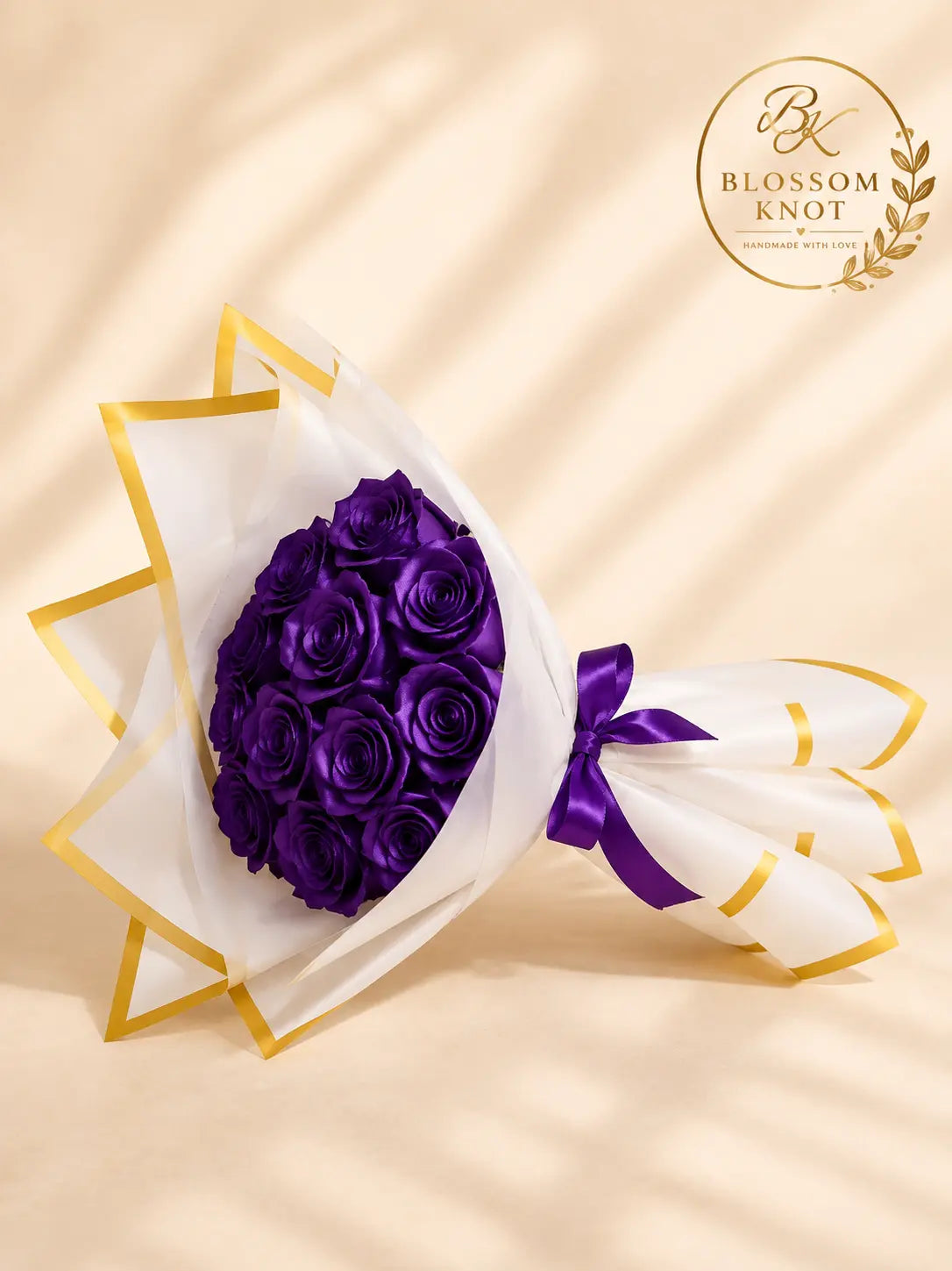 Royal Purple Handmade 11 Ribbon Rose Bouquet | White & Gold Luxury Wrap | Blossom Knot