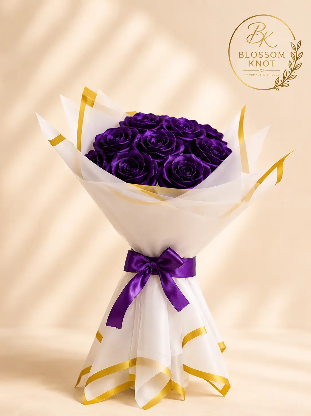 Royal Purple Handmade 11 Ribbon Rose Bouquet | White & Gold Luxury Wrap | Blossom Knot