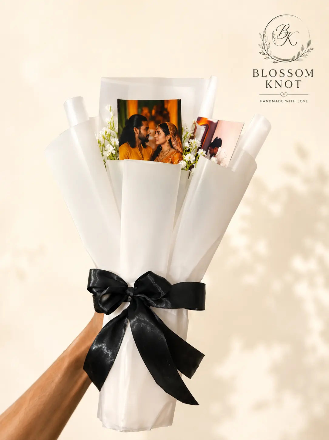 Personalized Photo Handmade Black Ribbon Rose Bouquet | 4 Roses | Blossom Knot